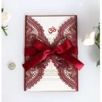 Wine Red Invitation Laser Wedding Invitation Card With Ribbon Bow
